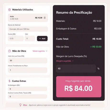 Tela da Calculadora de Precificação, com campos de materiais, mão de obra e custos extras, mostrando o preço sugerido para venda