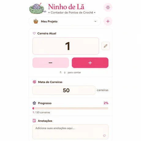 Tela do Contador de Pontos de Crochê da Colo de Lã, mostrando a carreira atual, a meta de carreiras, a barra de progresso e o campo de anotações